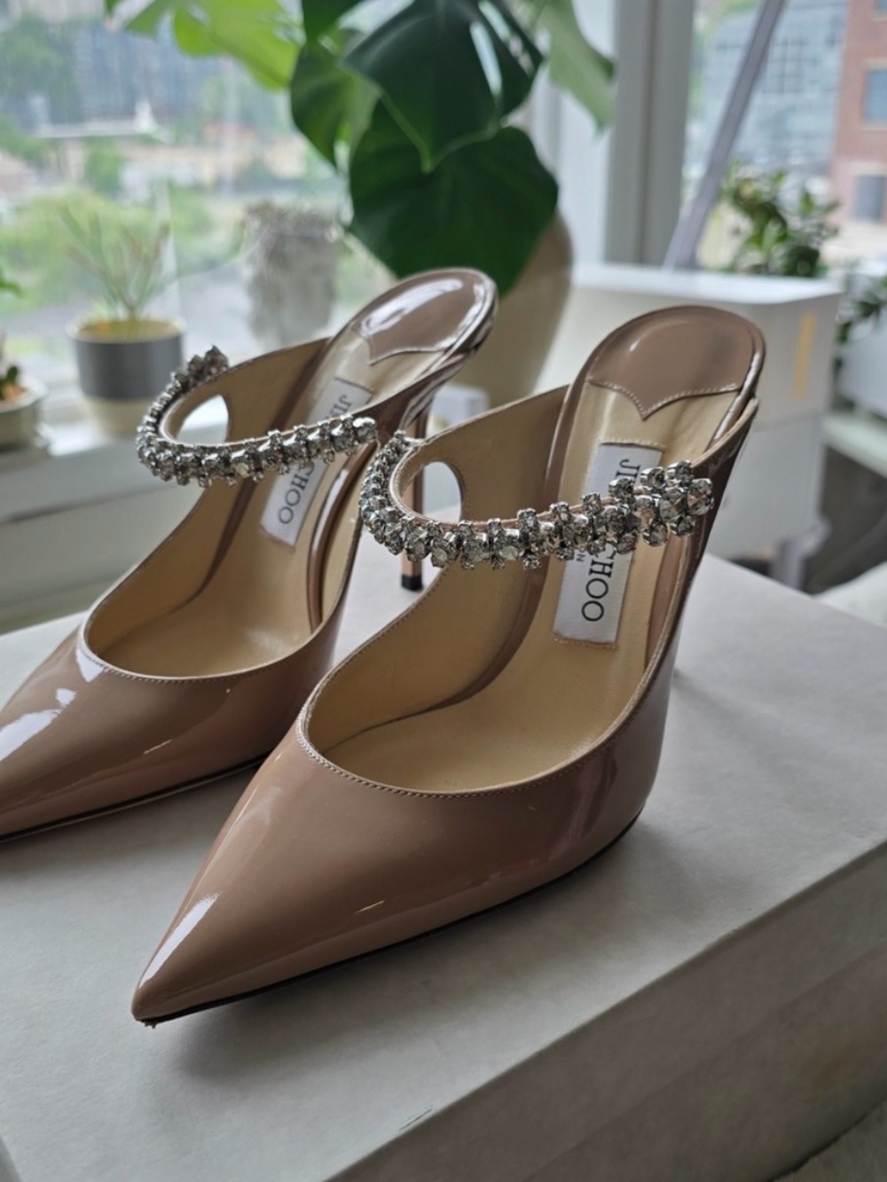 Jimmy Choo Beige Patent Pointed-Toe Mules with Crystal Strap